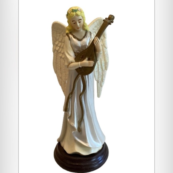 Enesco Lady Angel Resin Figurine Playing Harp Wooden Base 1997 Vintage 6.5” Tall - Picture 1 of 10